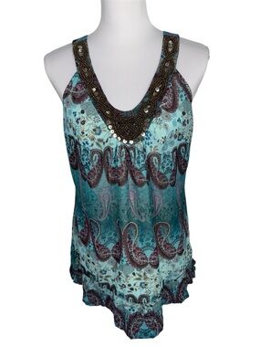 Studio Y Boho Paisley Beaded Tank Top Teal Flowy Cami Womens L Y2K Diva